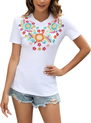 Mexican Shirts for Women Embroidered Tops Traditional Summer Blouse Women's Floral Tunic Round Neck Short Sleeve