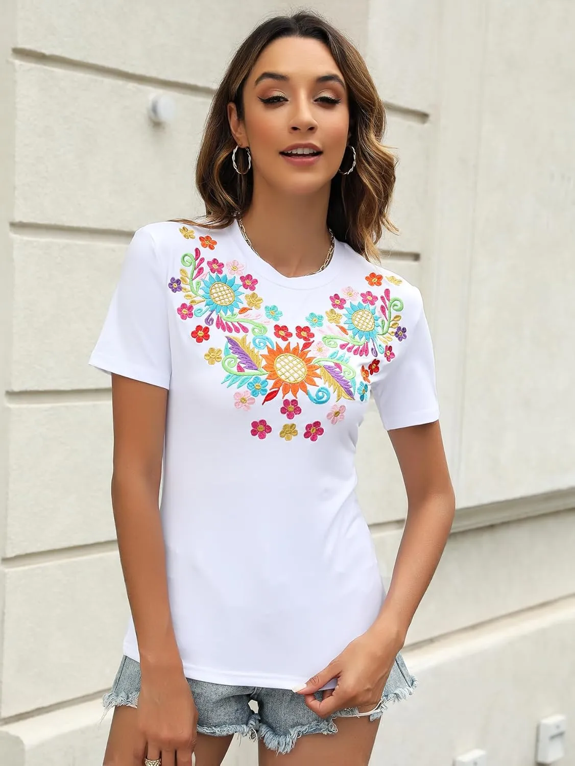 Mexican Shirts for Women Embroidered Tops Traditional Summer Blouse Women's Floral Tunic Round Neck Short Sleeve