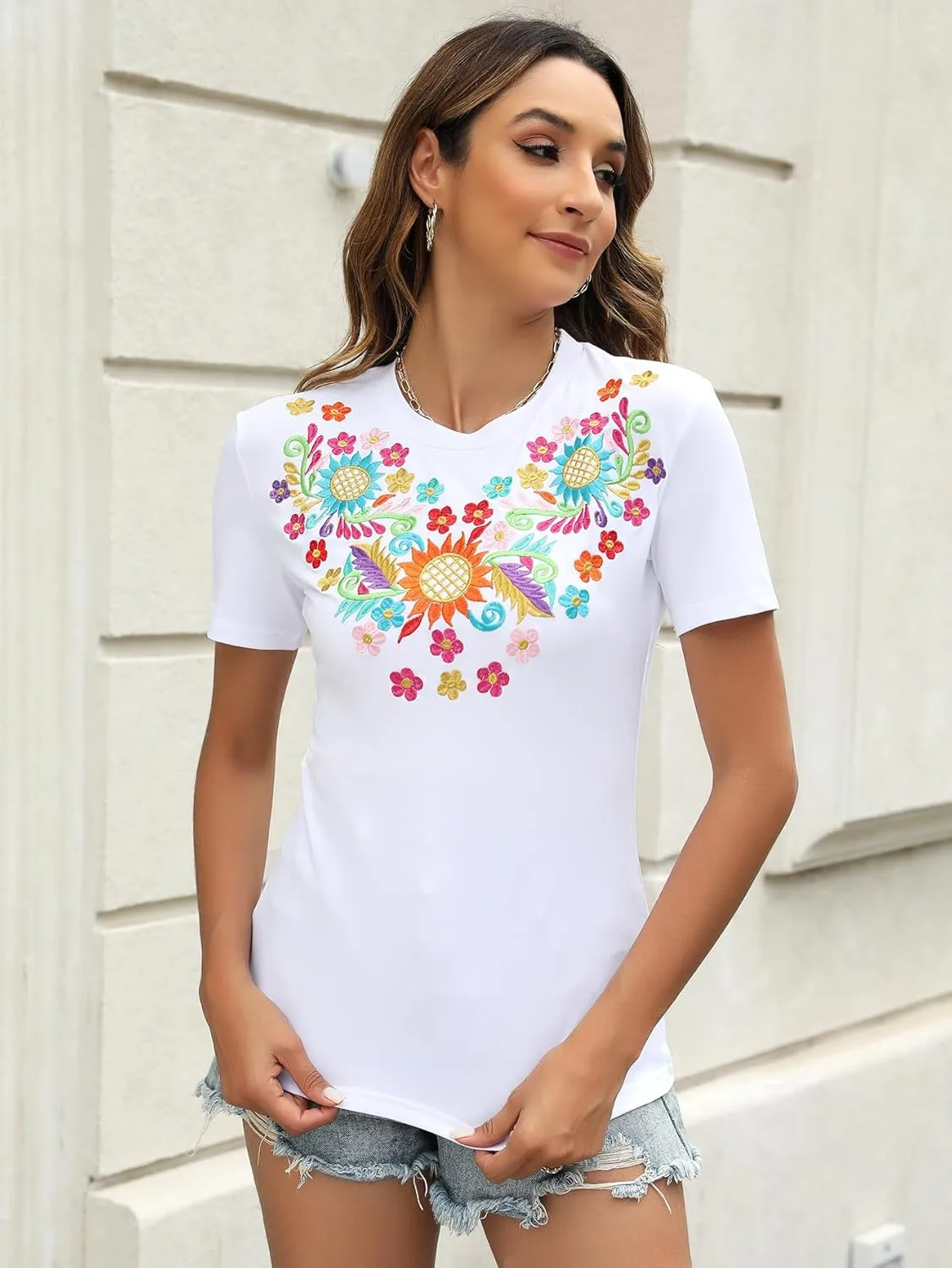 Mexican Shirts for Women Embroidered Tops Traditional Summer Blouse Women's Floral Tunic Round Neck Short Sleeve