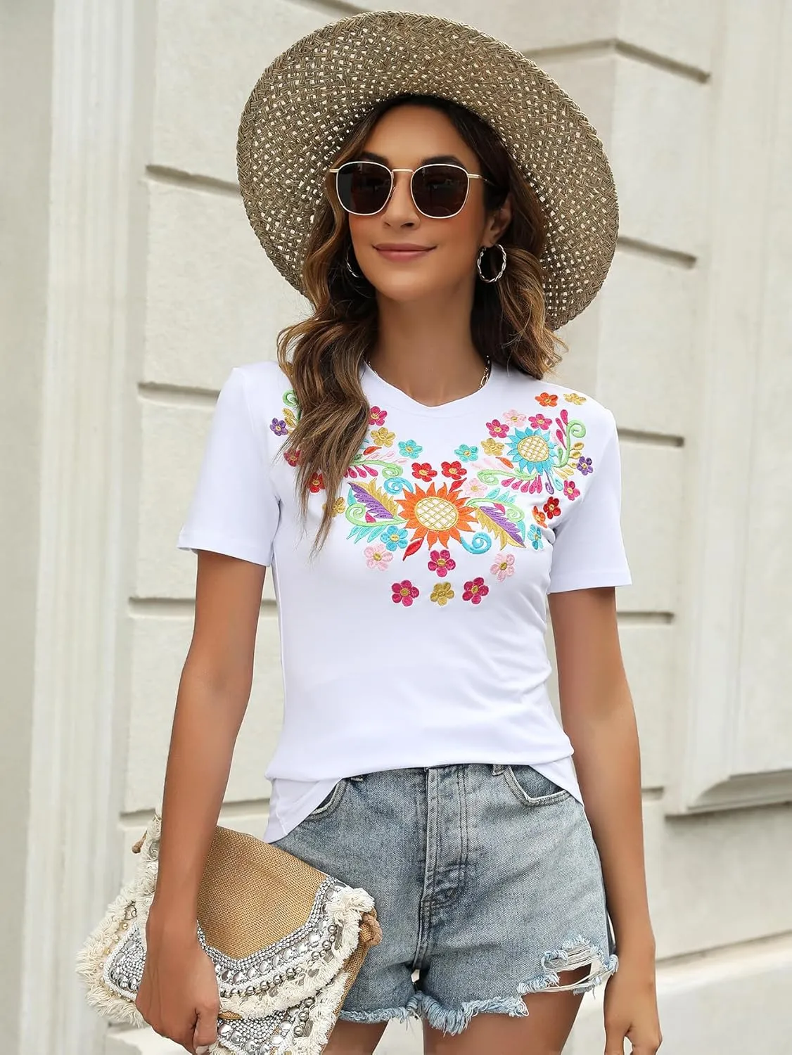 Mexican Shirts for Women Embroidered Tops Traditional Summer Blouse Women's Floral Tunic Round Neck Short Sleeve