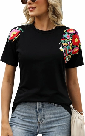 Mexican Shirts for Women Embroidered Tops Traditional Summer Blouse Women's Floral Tunic Round Neck Short Sleeve