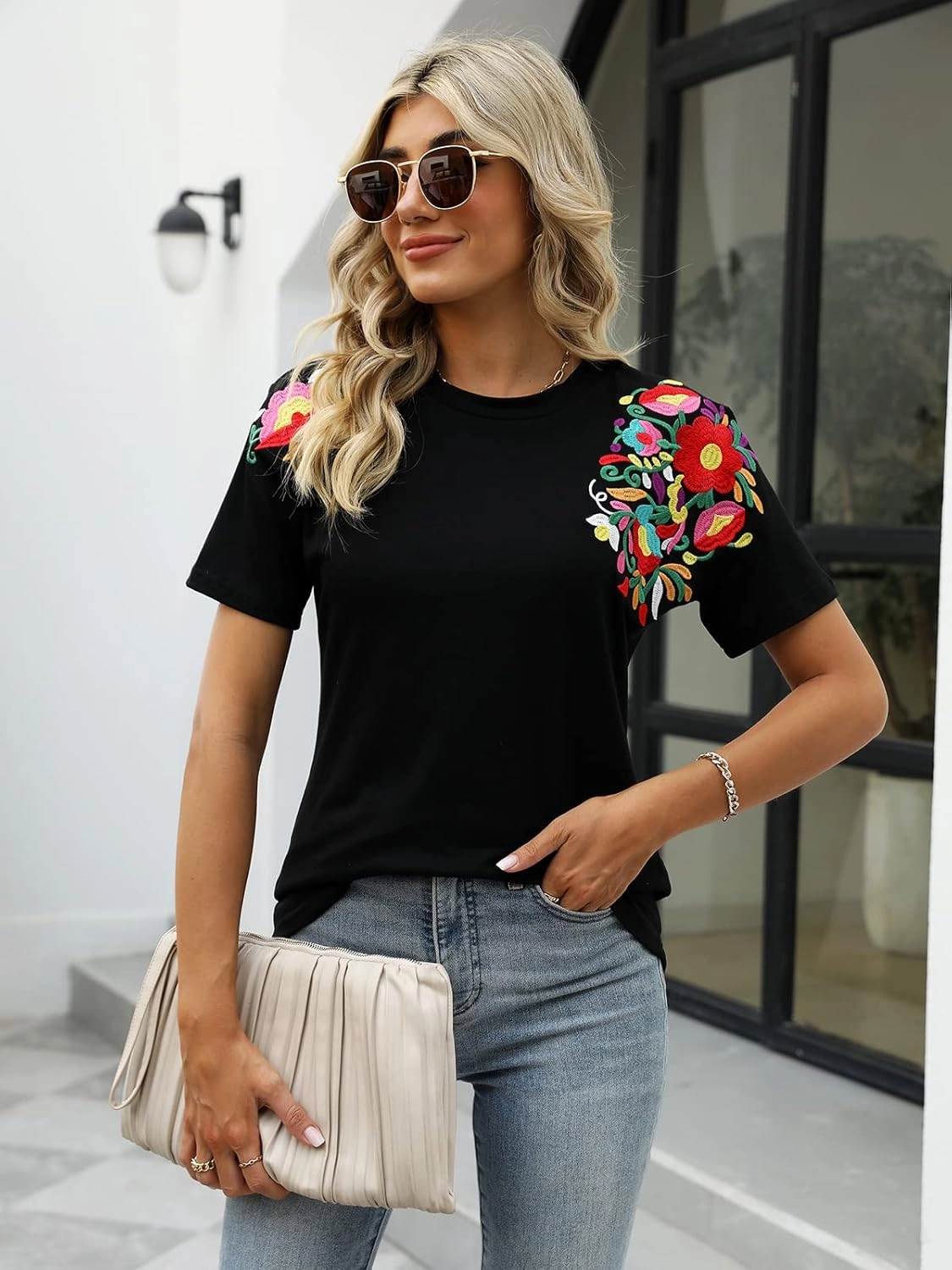 Mexican Shirts for Women Embroidered Tops Traditional Summer Blouse Women's Floral Tunic Round Neck Short Sleeve