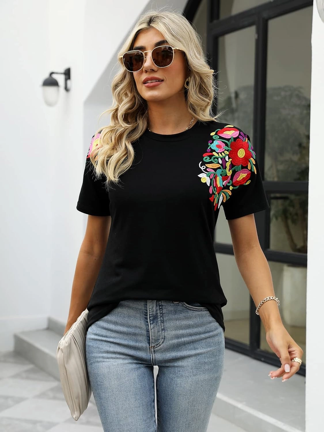 Mexican Shirts for Women Embroidered Tops Traditional Summer Blouse Women's Floral Tunic Round Neck Short Sleeve
