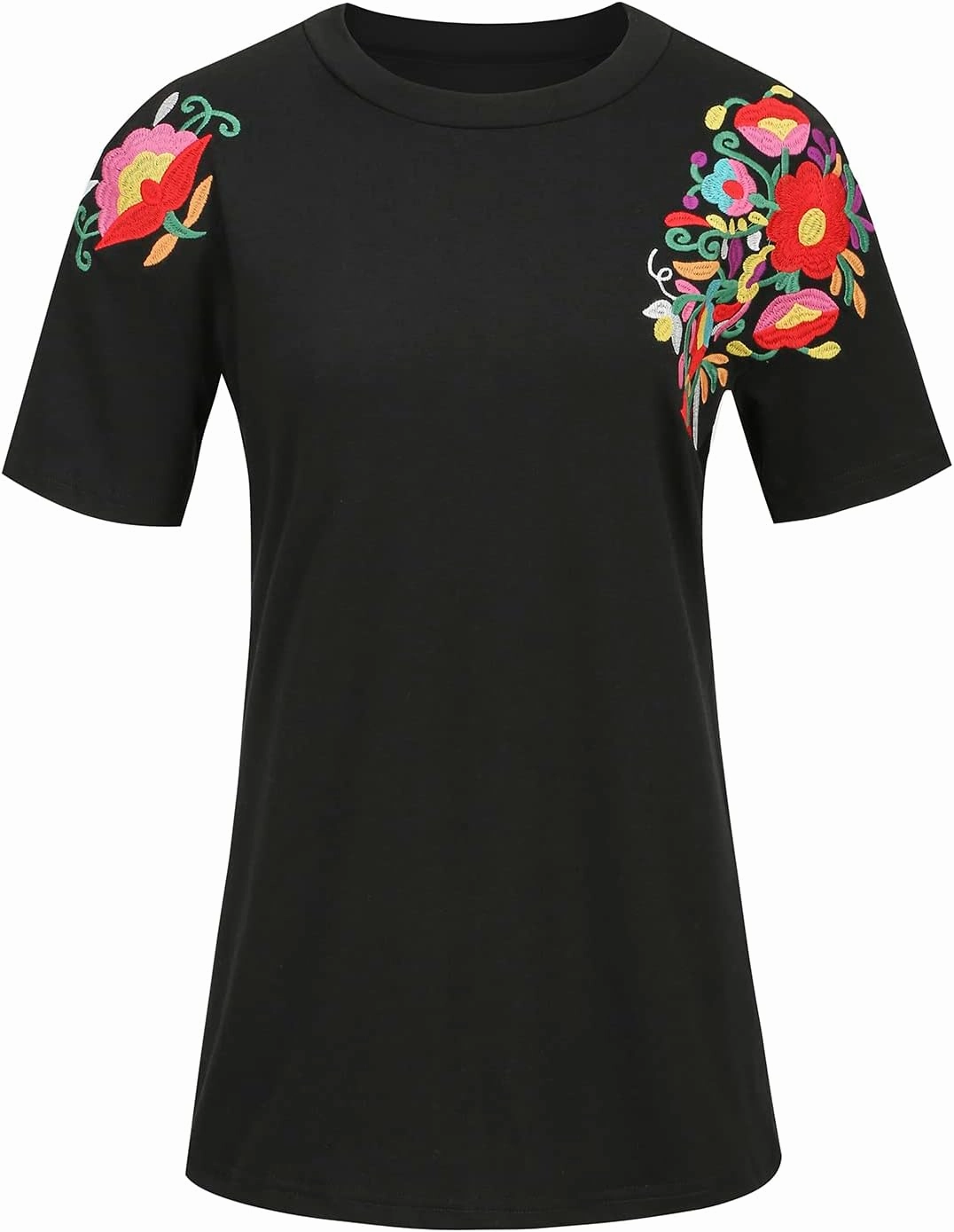 Mexican Shirts for Women Embroidered Tops Traditional Summer Blouse Women's Floral Tunic Round Neck Short Sleeve