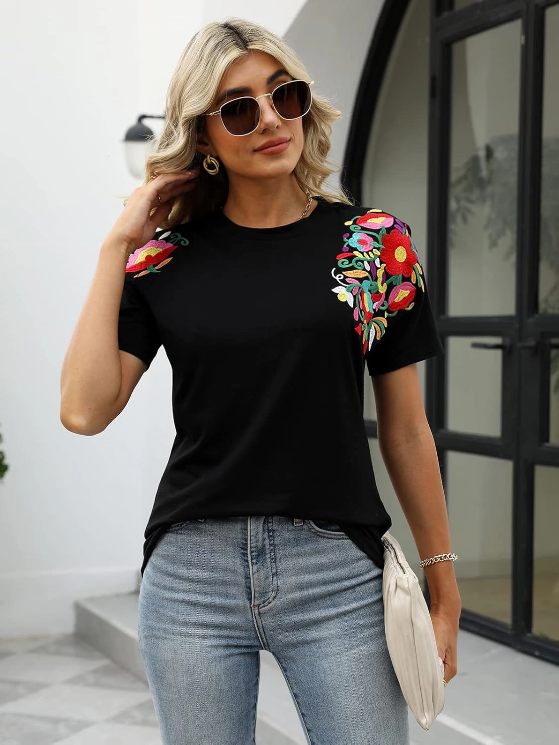 Mexican Shirts for Women Embroidered Tops Traditional Summer Blouse Women's Floral Tunic Round Neck Short Sleeve