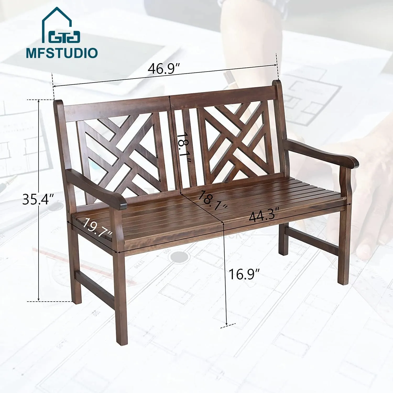 MFSTUDIO Outdoor Acacia Wood Garden Bench with Backrest and Armrest, 2-Person Slatted Seat Bench Patio Furniture for Porch Park Yard, Weight Capacity 600 lbs(Brown)