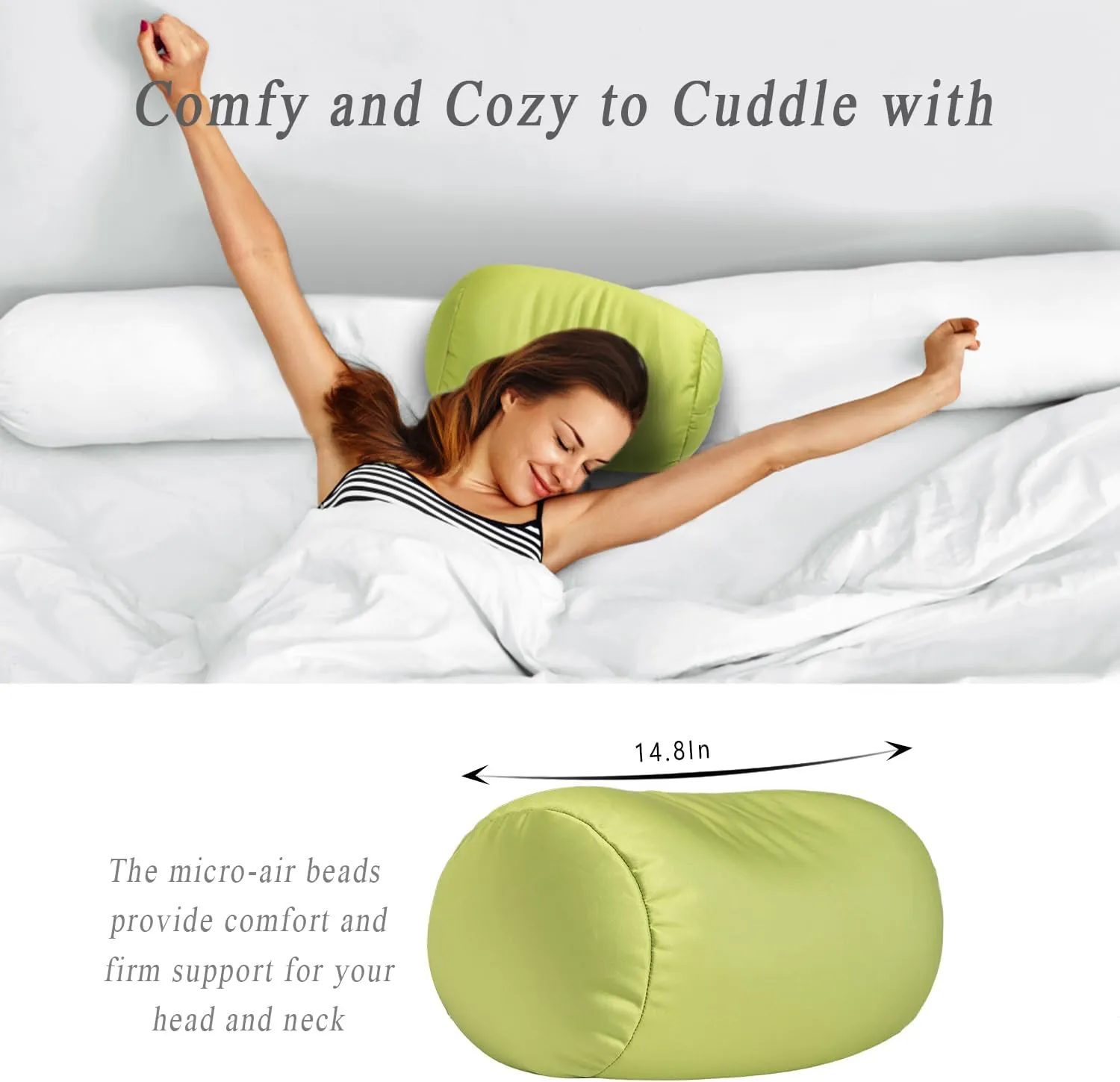 Microbead Neck Body Pillow Tube Microbead Bolster Bean Smooth Cool Pillow Neck Cervical Roll Pillow for Sleeping 7 x 12Inch Throw Travel Pillow (Olive Green)