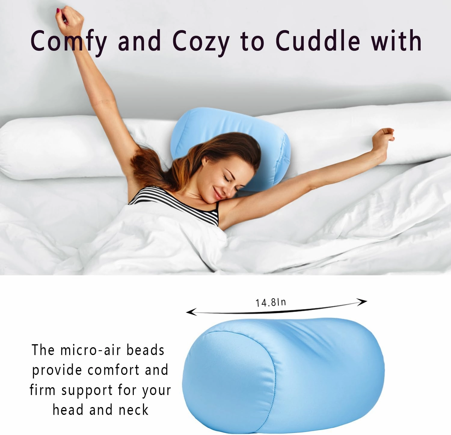 Microbead Neck Body Pillow Tube Microbead Bolster Bean Smooth Cool Pillow Neck Cervical Roll Pillow for Sleeping 7 x 12Inch Throw Travel Pillow(Maya Blue)