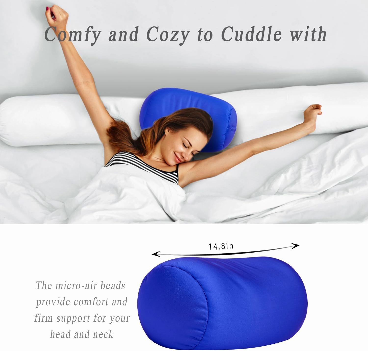 Microbead Neck Body Pillow Tube Microbead Bolster Bean Smooth Cool Pillow Neck Cervical Roll Pillow for Sleeping 7 x 12Inch Throw Travel Pillow(Sapphire Blue)