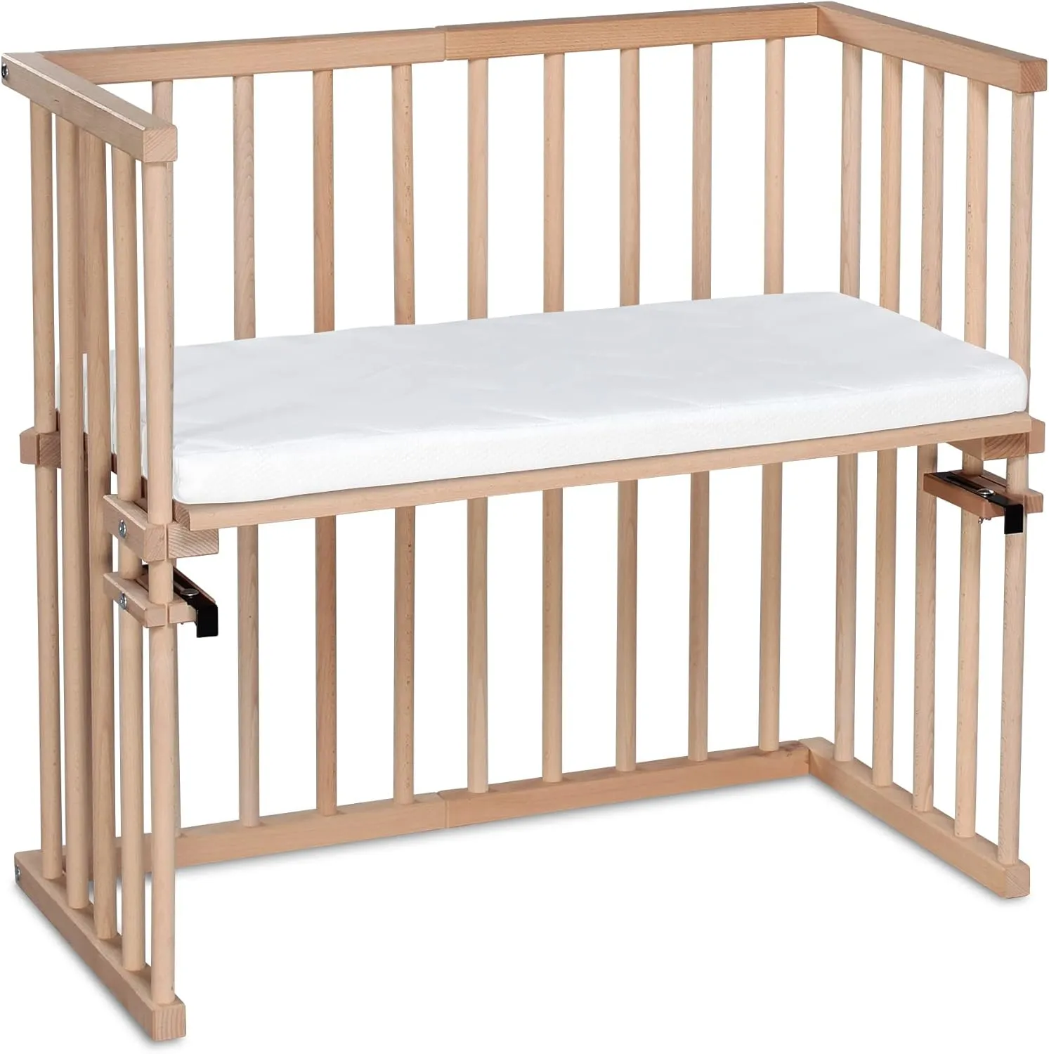 Midi Cot Made of Solid Beech Wood/Compact & Transformable/Cot Bed Height Infinitely Adjustable/Grows with Your Child (Natural Untreated) / Includes Mattress, Grid, Wheels