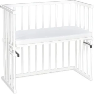 Midi Cot Made of Solid Beech Wood/Compact & Transformable/Cot Bed Height Infinitely Adjustable/Grows with Your Child (White Painted) / Includes Mattress, Grid, Wheels