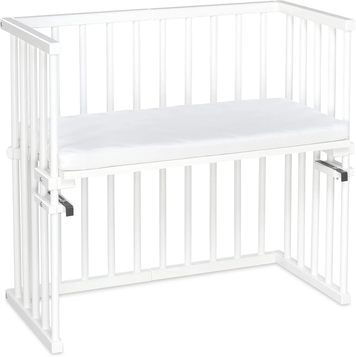 Midi Cot Made of Solid Beech Wood/Compact & Transformable/Cot Bed Height Infinitely Adjustable/Grows with Your Child (White Painted) / Includes Mattress, Grid, Wheels