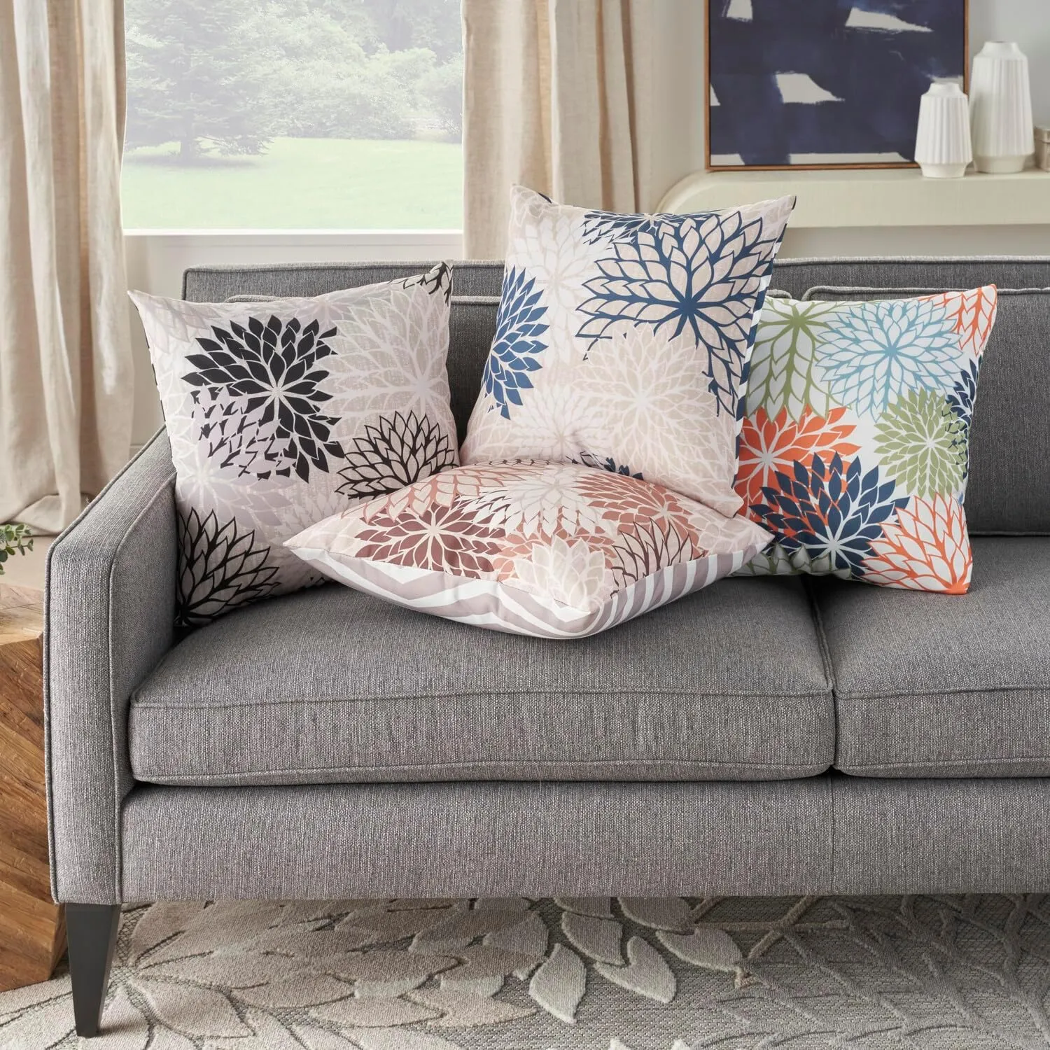 Mina Victory Aloha Floral Natural 20" x 20" Outdoor Throw Pillow, Botanical, Patio, Couch, Bench, Easy Clean, Zipper Closure,