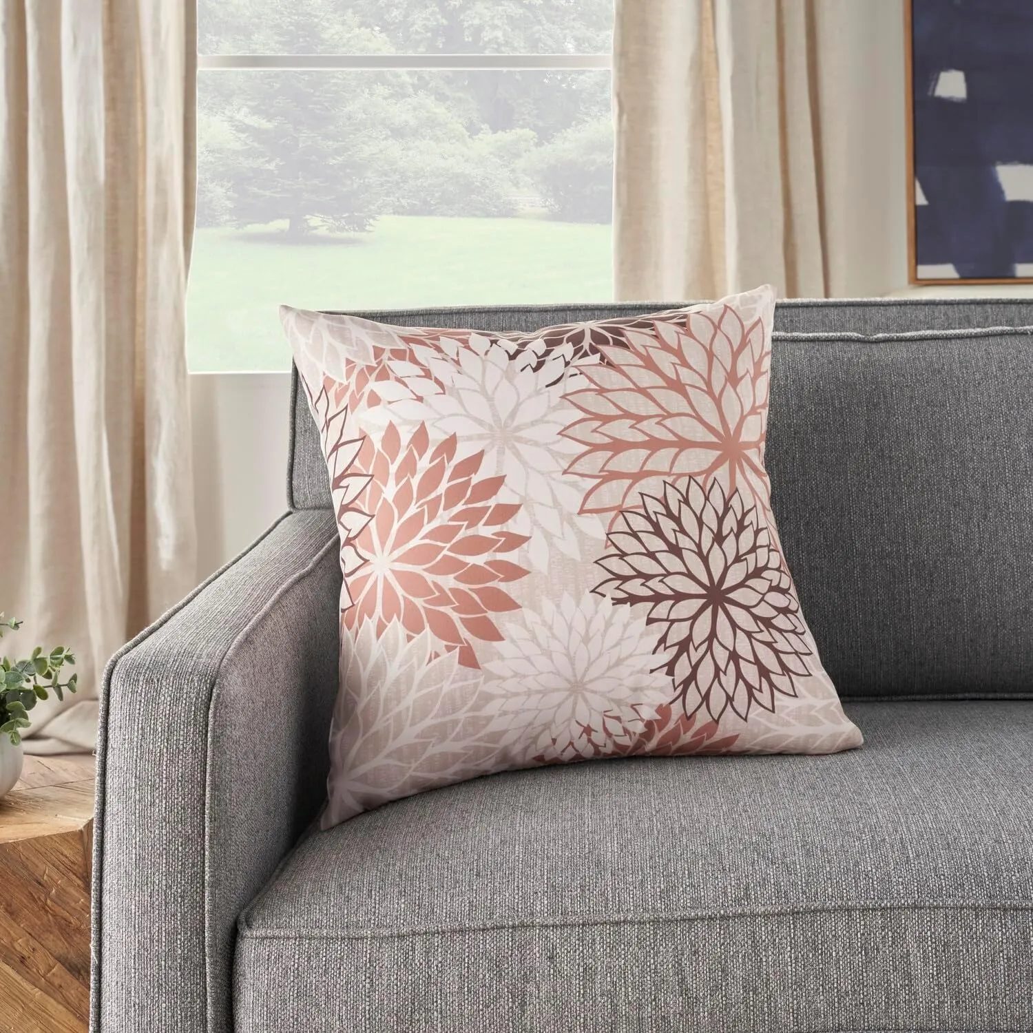 Mina Victory Aloha Floral Natural 20" x 20" Outdoor Throw Pillow, Botanical, Patio, Couch, Bench, Easy Clean, Zipper Closure,