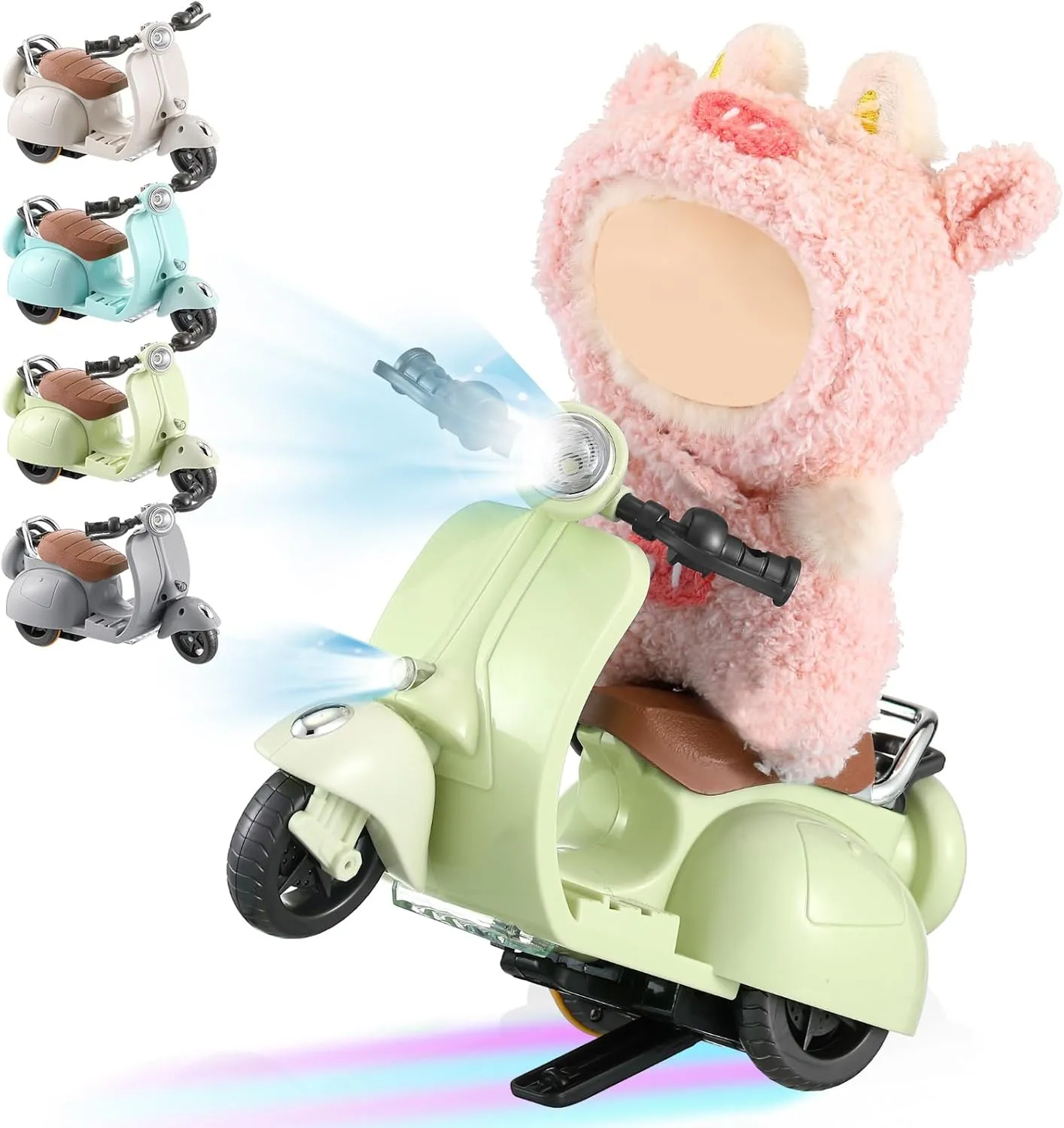 Mini Electric Doll Scooter Vehicles Toy 4 Colors Available Funny Doll Accessory with Music & Lights Could Rotate 360° Cute Plastic Scooter Toy Ornaments Battery Not Included(Green)