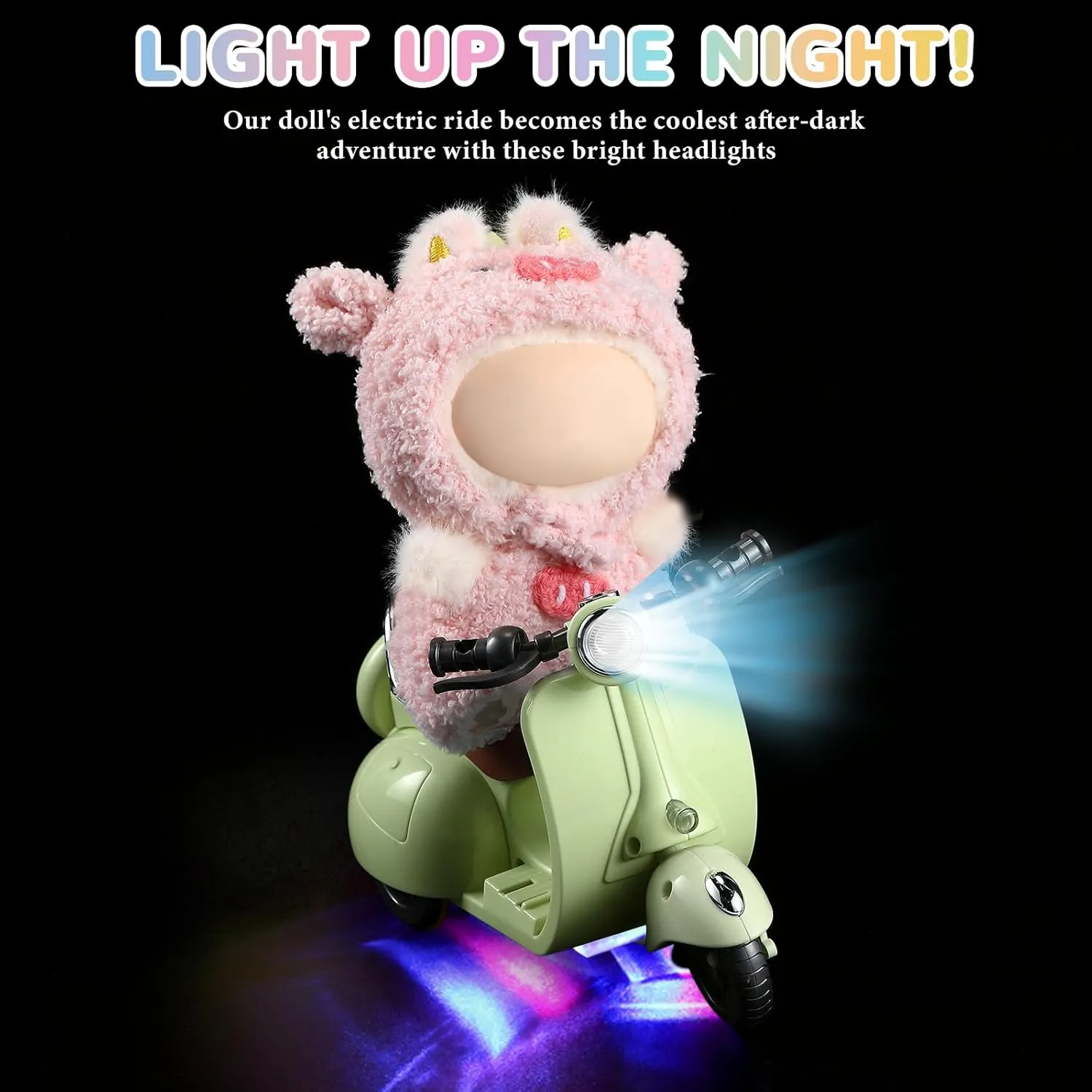 Mini Electric Doll Scooter Vehicles Toy 4 Colors Available Funny Doll Accessory with Music & Lights Could Rotate 360° Cute Plastic Scooter Toy Ornaments Battery Not Included(Green)