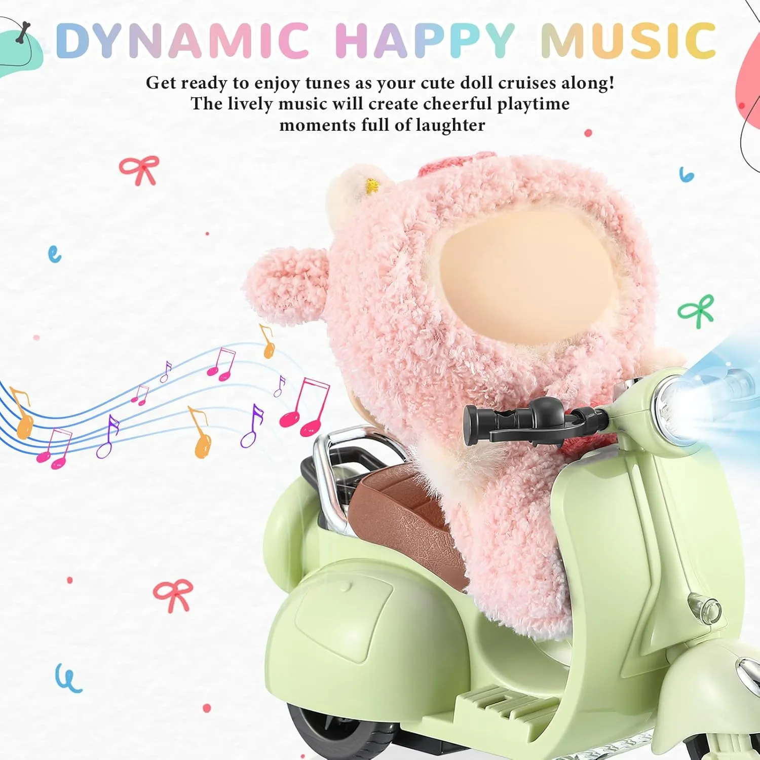 Mini Electric Doll Scooter Vehicles Toy 4 Colors Available Funny Doll Accessory with Music & Lights Could Rotate 360° Cute Plastic Scooter Toy Ornaments Battery Not Included(Green)