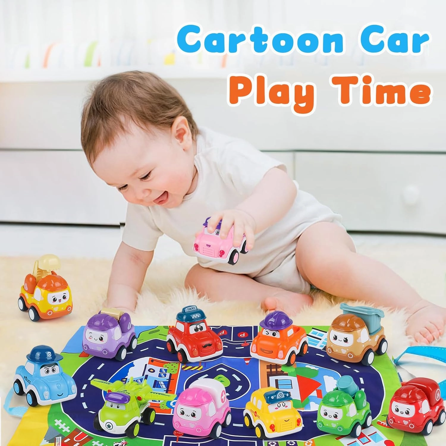 Mini Car Toys for 1 Year Old Boy Gifts, 12 Sets Pull-Back Trucks with Playmat for Toddlers Age 1-2, Baby Toy for 12-18 Months, Construction Vehicle Racing 1st Christmas Birthday Gift for One Year Olds