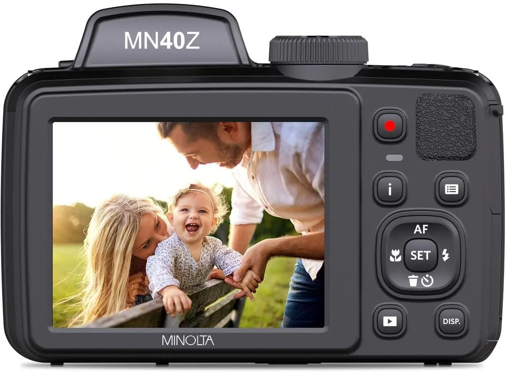 MINOLTA MN40Z 20 Mega Pixels 40x Optical Zoom Digital Camera with 1080p FHD Video, Black, Bundle with 64GB Memory Card   Vlog Tripod   4xAA Battery with Charger   Accessories