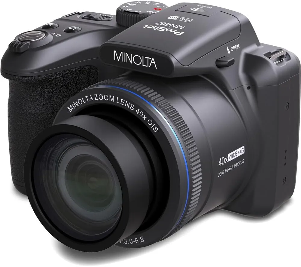 MINOLTA MN40Z 20 Mega Pixels 40x Optical Zoom Digital Camera with 1080p FHD Video, Black, Bundle with 64GB Memory Card   Vlog Tripod   4xAA Battery with Charger   Accessories