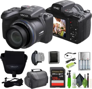 MINOLTA MN40Z 20 Mega Pixels 40x Optical Zoom Digital Camera with 1080p FHD Video, Black, Bundle with 64GB Memory Card   Vlog Tripod   4xAA Battery with Charger   Accessories