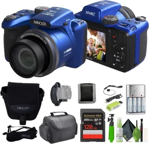 MINOLTA MN40Z 20 Mega Pixels 40x Optical Zoom Digital Camera with 1080p FHD Video, Blue, Bundle with 64GB Memory Card   Vlogging Tripod   4xAA Battery with Charger   More Accessories