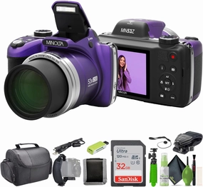 MINOLTA MN53Z 16 MP / 1080P FHD Bridge Digital Camera w/53x Optical Zoom (Purple) Bundle with 32GB Memory Card   Camara Bag   Cleaning Kit   Vlogging Tripod   Accessories