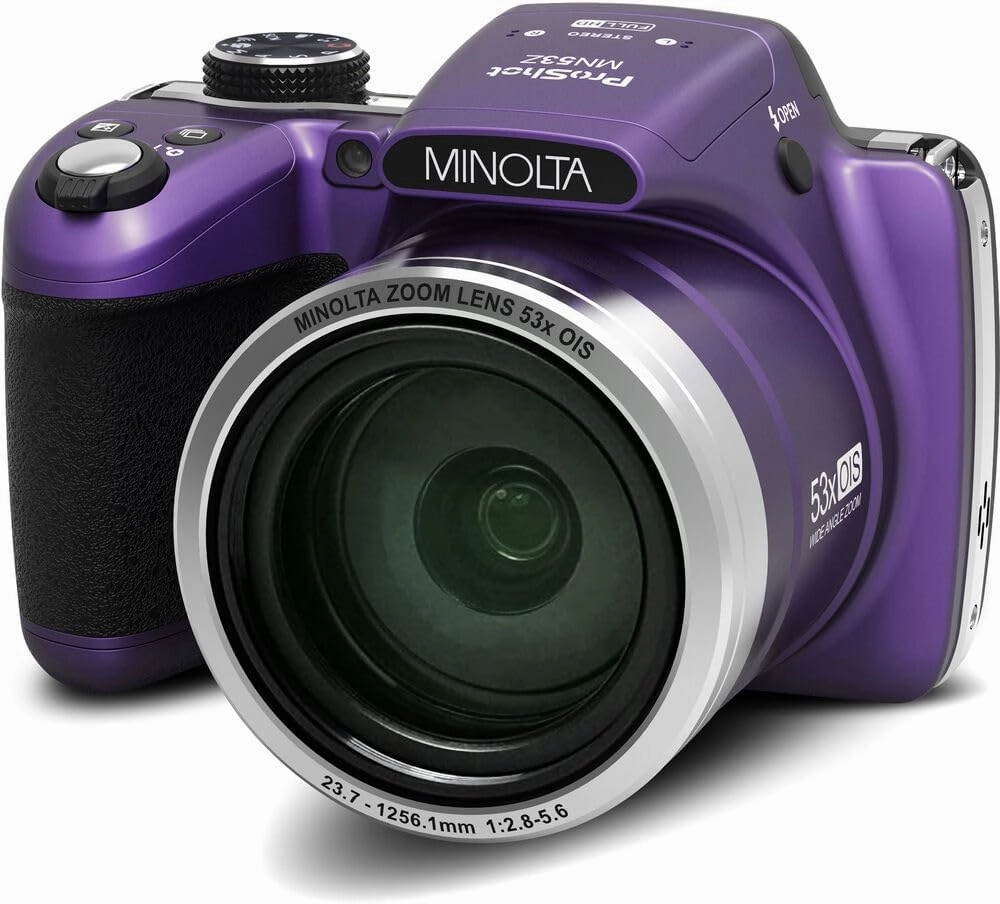 MINOLTA MN53Z 16 MP / 1080P FHD Bridge Digital Camera w/53x Optical Zoom (Purple) Bundle with 32GB Memory Card   Camara Bag   Cleaning Kit   Vlogging Tripod   Accessories