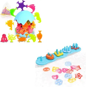 Mold Free Bath Toys, 18 Pcs Ocean Animal Suction Cup Toys with Eggshell & Bag   Shape Sorting & Stacking Bath Toy Set with 20 Textured Floating Pieces