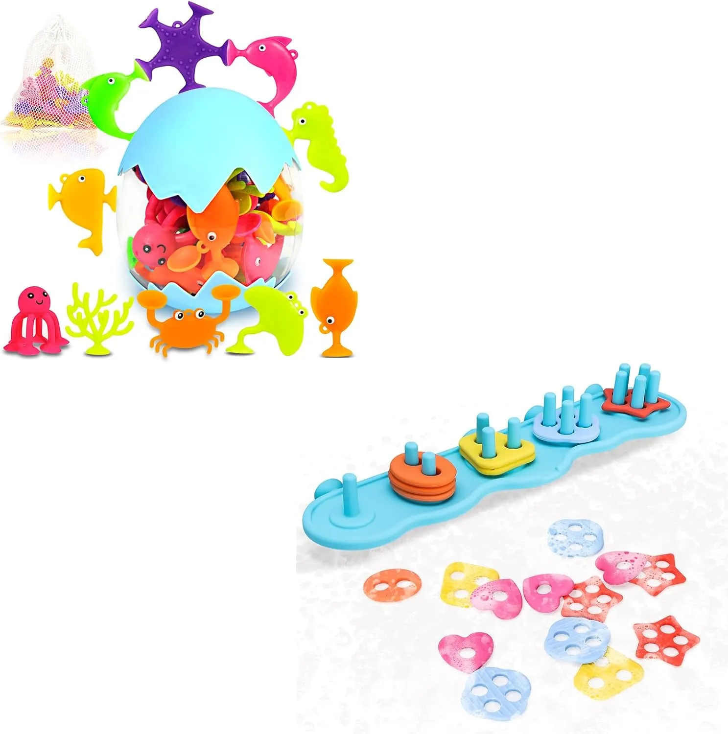 Mold Free Bath Toys, 18 Pcs Ocean Animal Suction Cup Toys with Eggshell & Bag   Shape Sorting & Stacking Bath Toy Set with 20 Textured Floating Pieces