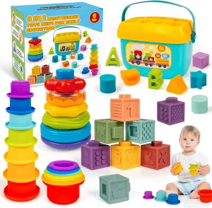 Montessori Baby Toys for Ages 6–18 Months with Sensory Shape Sorter Matching Game Toy Stacking Ring Soft Building Blocks Developmental Learning Toys for Toddlers 1  Year Old