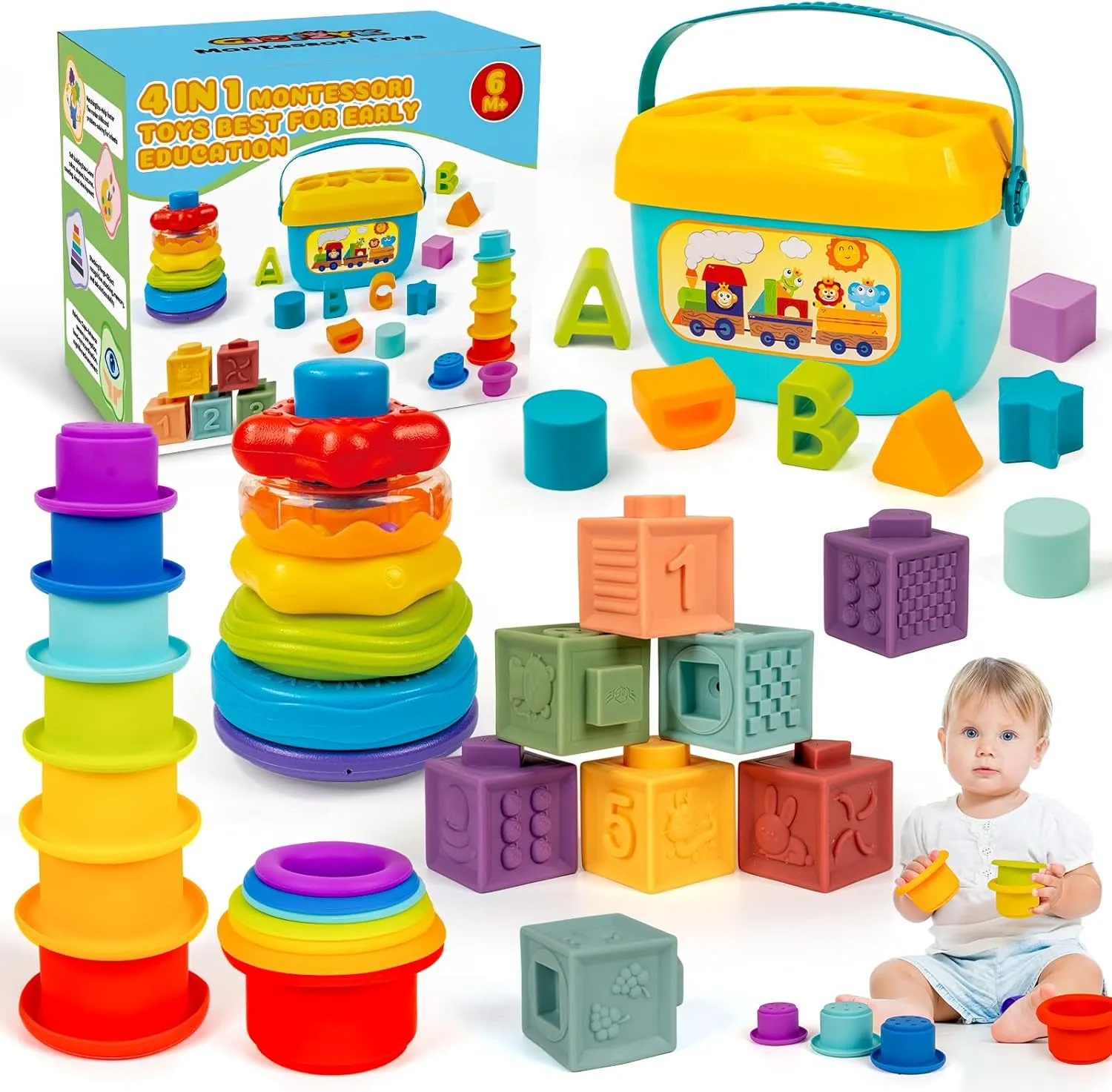 Montessori Baby Toys for Ages 6–18 Months with Sensory Shape Sorter Matching Game Toy Stacking Ring Soft Building Blocks Developmental Learning Toys for Toddlers 1  Year Old