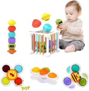 Montessori Toys for 1 2 Year Old Boy Girl, Baby Sensory Bin Shape Sorter Toys Colorful Cube, with 3 Suction Cup Spinning Top Toys and Bead Maze, Early Learning Toys for Toddlers Age 1-3 (12PCS)