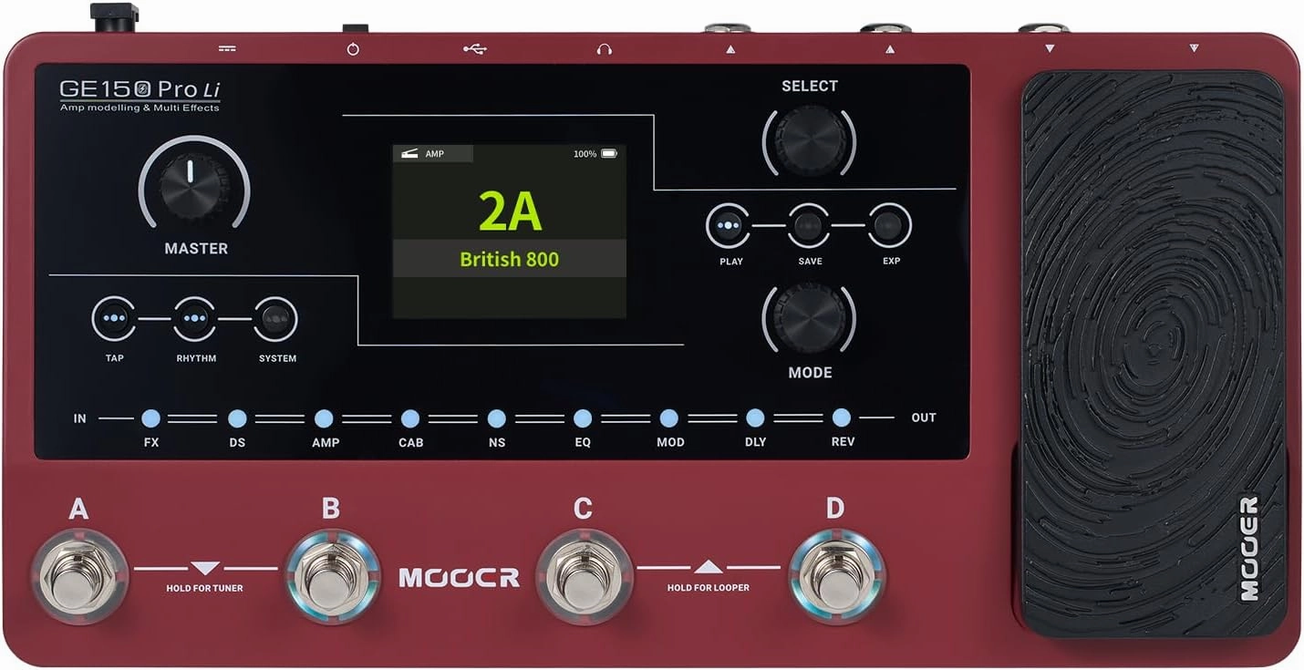 MOOER GE150 Pro Li New Guitar Amp Modelling Multi Effects Pedal Built-in 9 hrs Battery with 4 Footswitches, IR Loader, Type-C USB Audio Interface