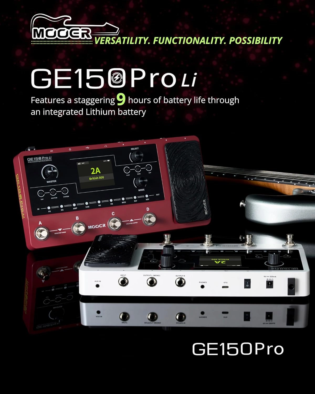 MOOER GE150 Pro Li New Guitar Amp Modelling Multi Effects Pedal Built-in 9 hrs Battery with 4 Footswitches, IR Loader, Type-C USB Audio Interface