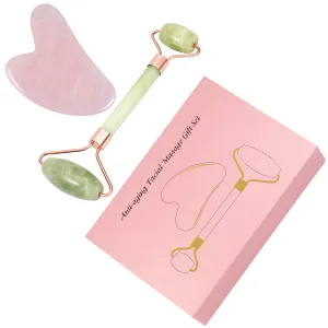 mookaitedecor Xiuyan Jade Roller & Rose Quartz Gua Sha Scraping Massage Tool Set, Face Massager for Wrinkles, Anti Aging