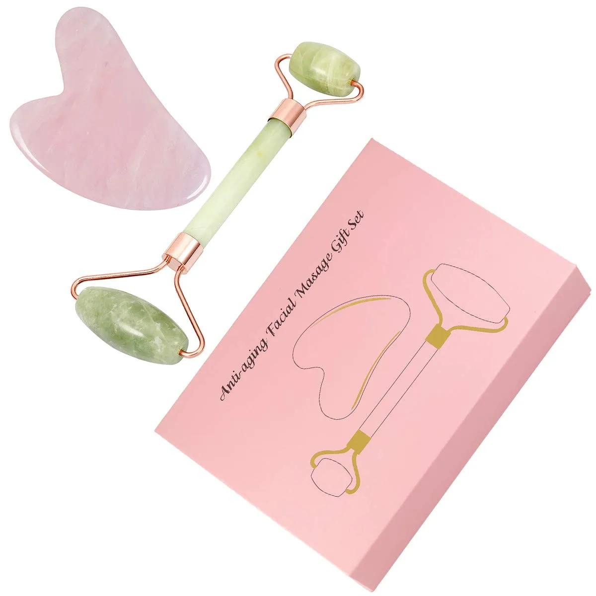 mookaitedecor Xiuyan Jade Roller & Rose Quartz Gua Sha Scraping Massage Tool Set, Face Massager for Wrinkles, Anti Aging