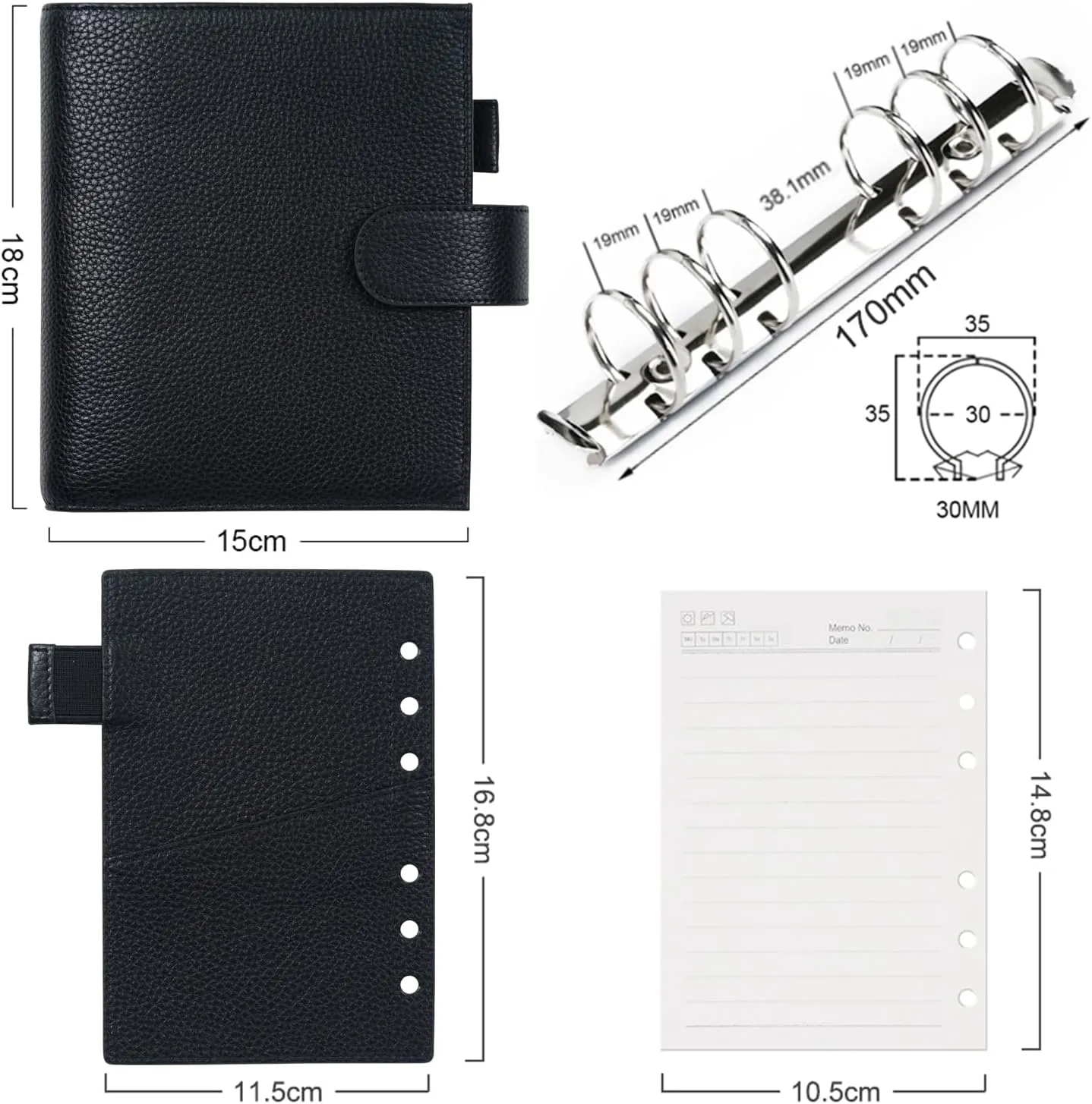 Moterm A6 Luxe Rings Planner - Genuine Leather Binder Organizer (30mm Ring, Pebbled-Black) - NOT a Standard A6
