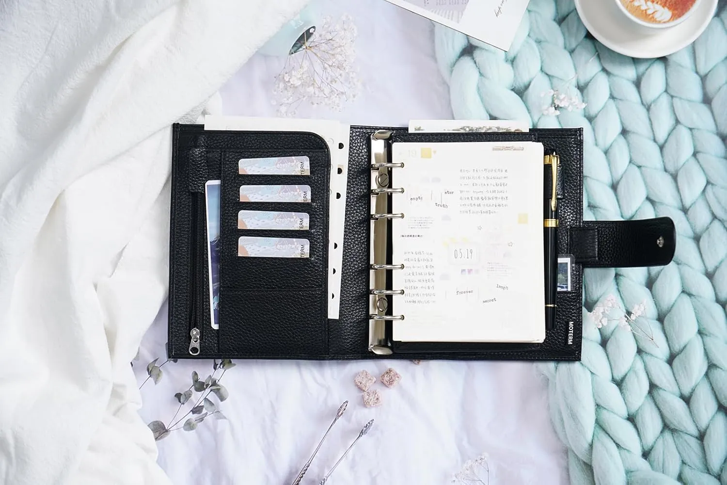 Moterm A6 Luxe Rings Planner - Genuine Leather Binder Organizer (30mm Ring, Pebbled-Black) - NOT a Standard A6