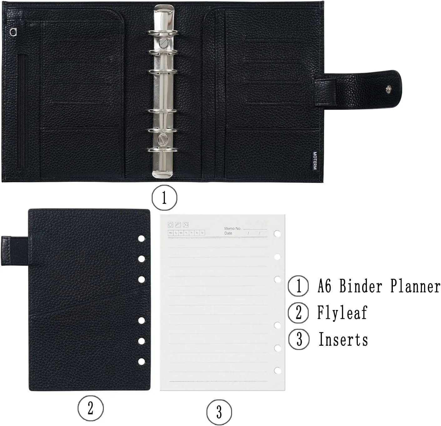 Moterm A6 Luxe Rings Planner - Genuine Leather Binder Organizer (30mm Ring, Pebbled-Black) - NOT a Standard A6