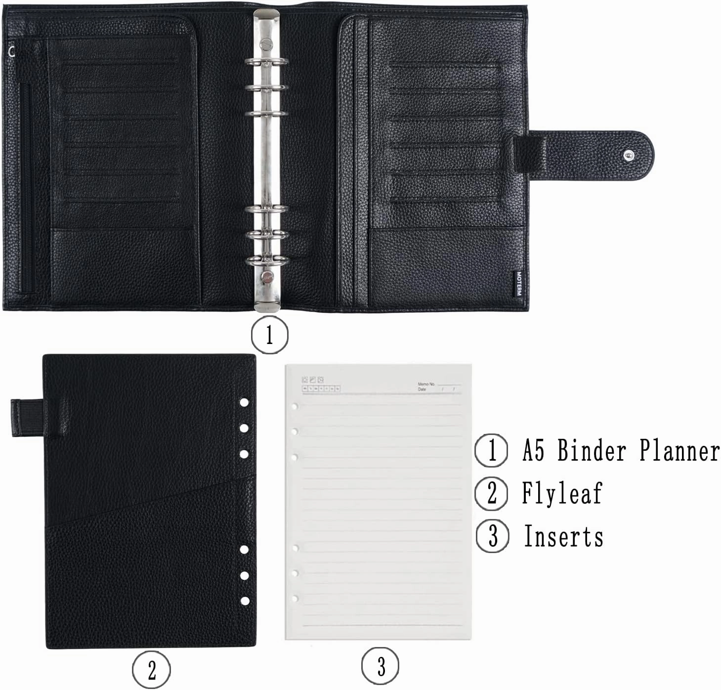 Moterm A5 Luxe Rings Planner - Genuine Leather Binder Organizer(Pebble-Black, 30mm Ring)