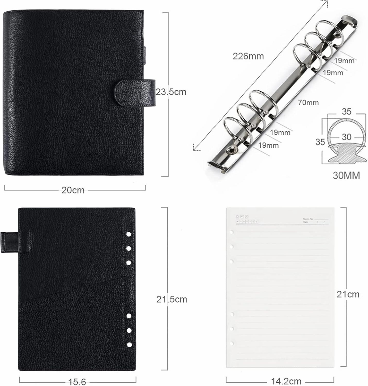 Moterm A5 Luxe Rings Planner - Genuine Leather Binder Organizer(Pebble-Black, 30mm Ring)
