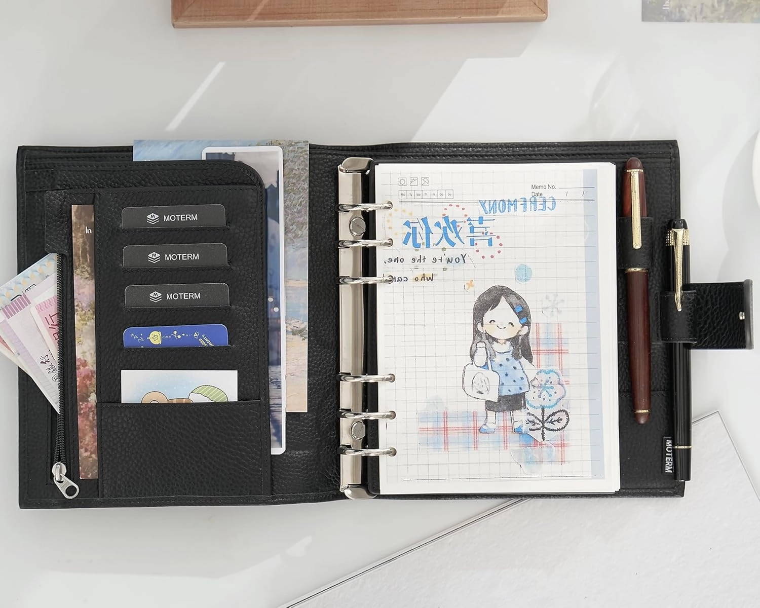 Moterm Personal-Wide Luxe Rings Planner - Genuine Leather Binder Organizer (Pebbled-Black, 30mm Ring)