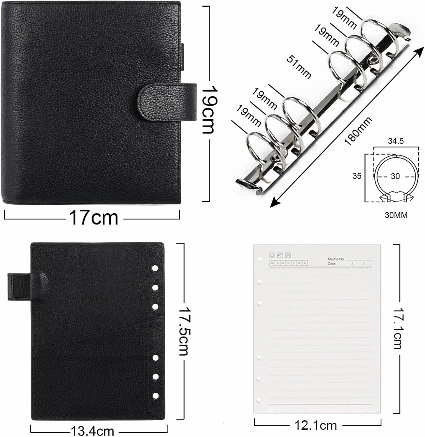 Moterm Personal-Wide Luxe Rings Planner - Genuine Leather Binder Organizer (Pebbled-Black, 30mm Ring)