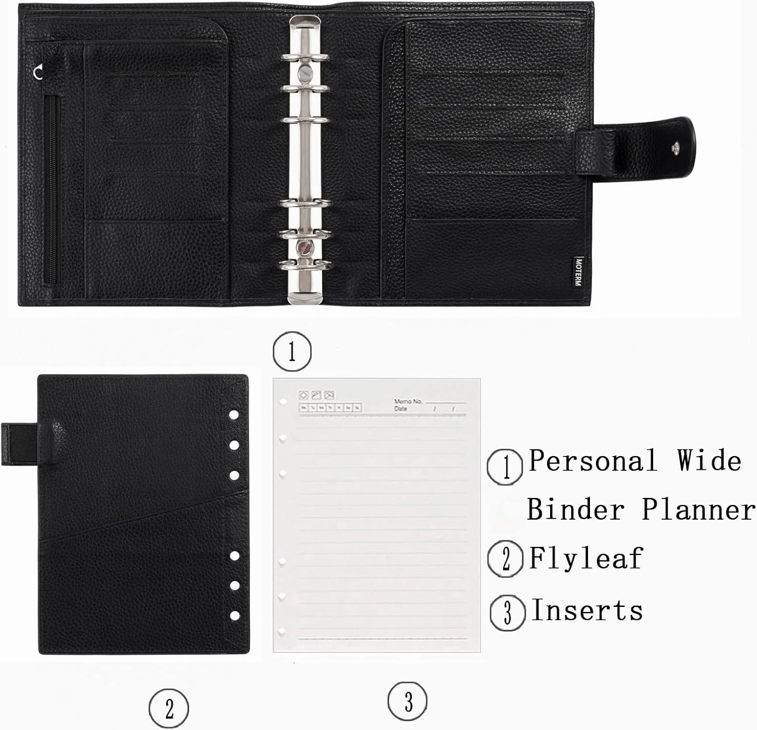 Moterm Personal-Wide Luxe Rings Planner - Genuine Leather Binder Organizer (Pebbled-Black, 30mm Ring)