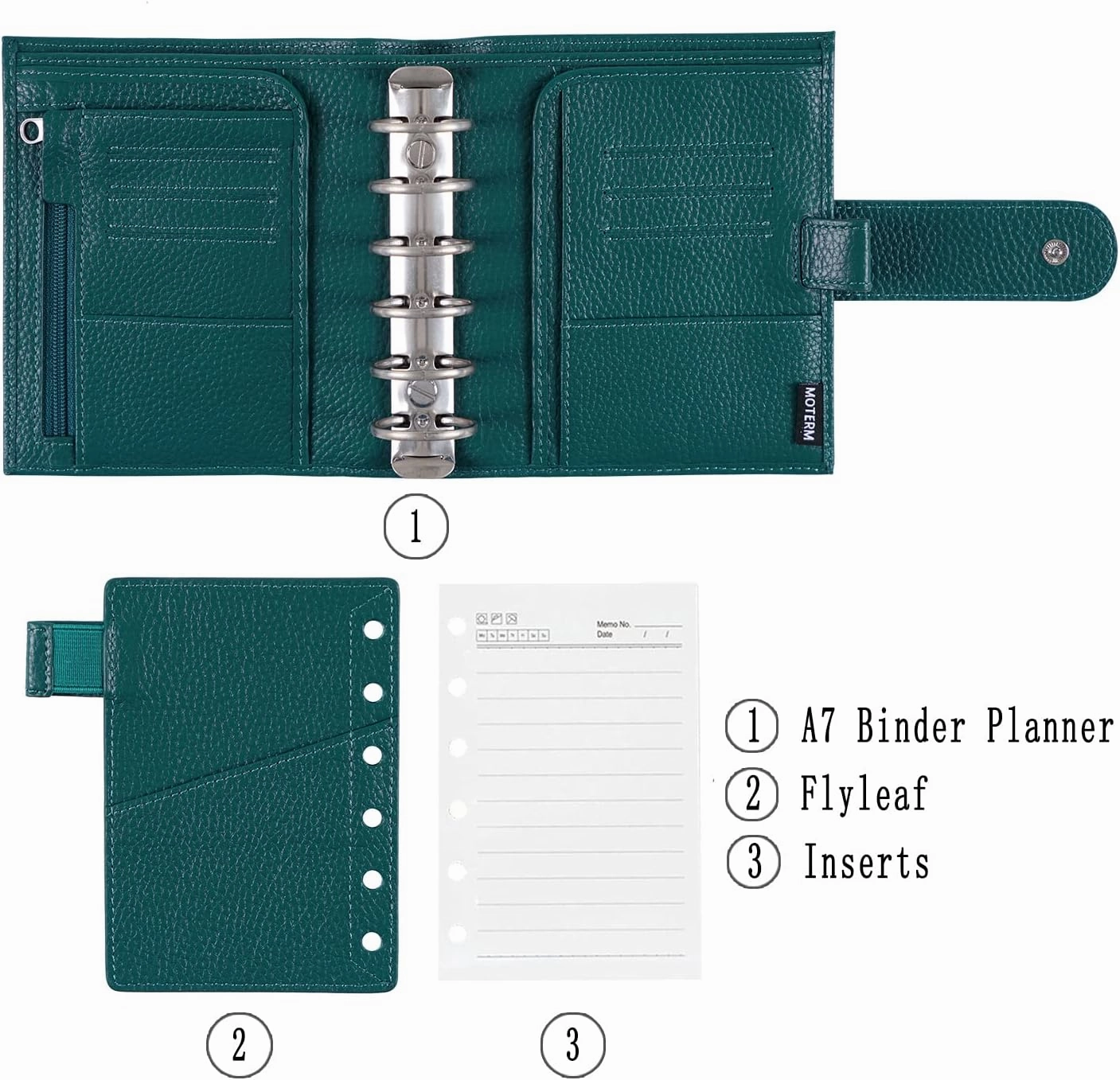 Moterm Pocket Luxe Rings Planner - Genuine Leather Binder Organizer (Pebbled-Deep Teal, 30mm Ring)