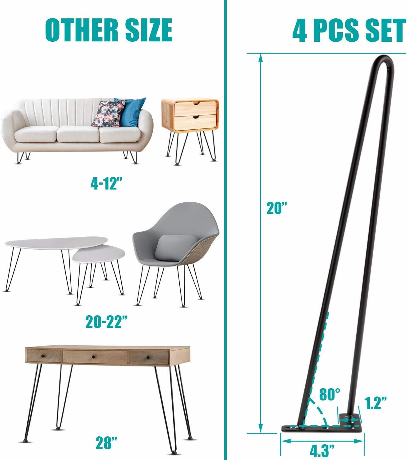 MSOBAIW 20 Inch Hairpin Legs, Tow Rod Iron Wire Metal Table Legs for Coffee Table, End Table, Bench, Chair, Stool, 3/8" Diameter Satin Black Mid Century Modern Style DIY Furniture