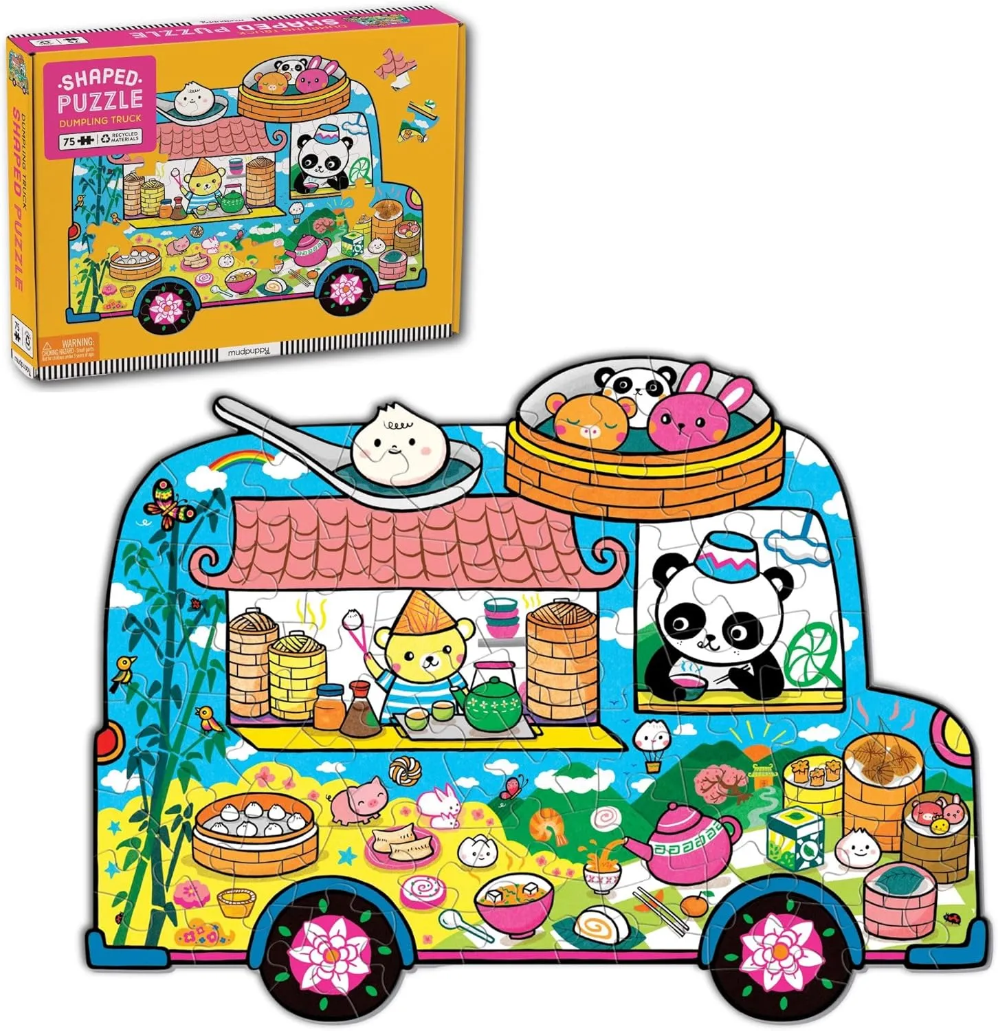 Mudpuppy Dumpling Truck – 75 Piece Unique Truck Shaped Scene Puzzle with Colorful and Fun Illustrations of Dumplings and Baos On The Go for Children Ages 5 and Up