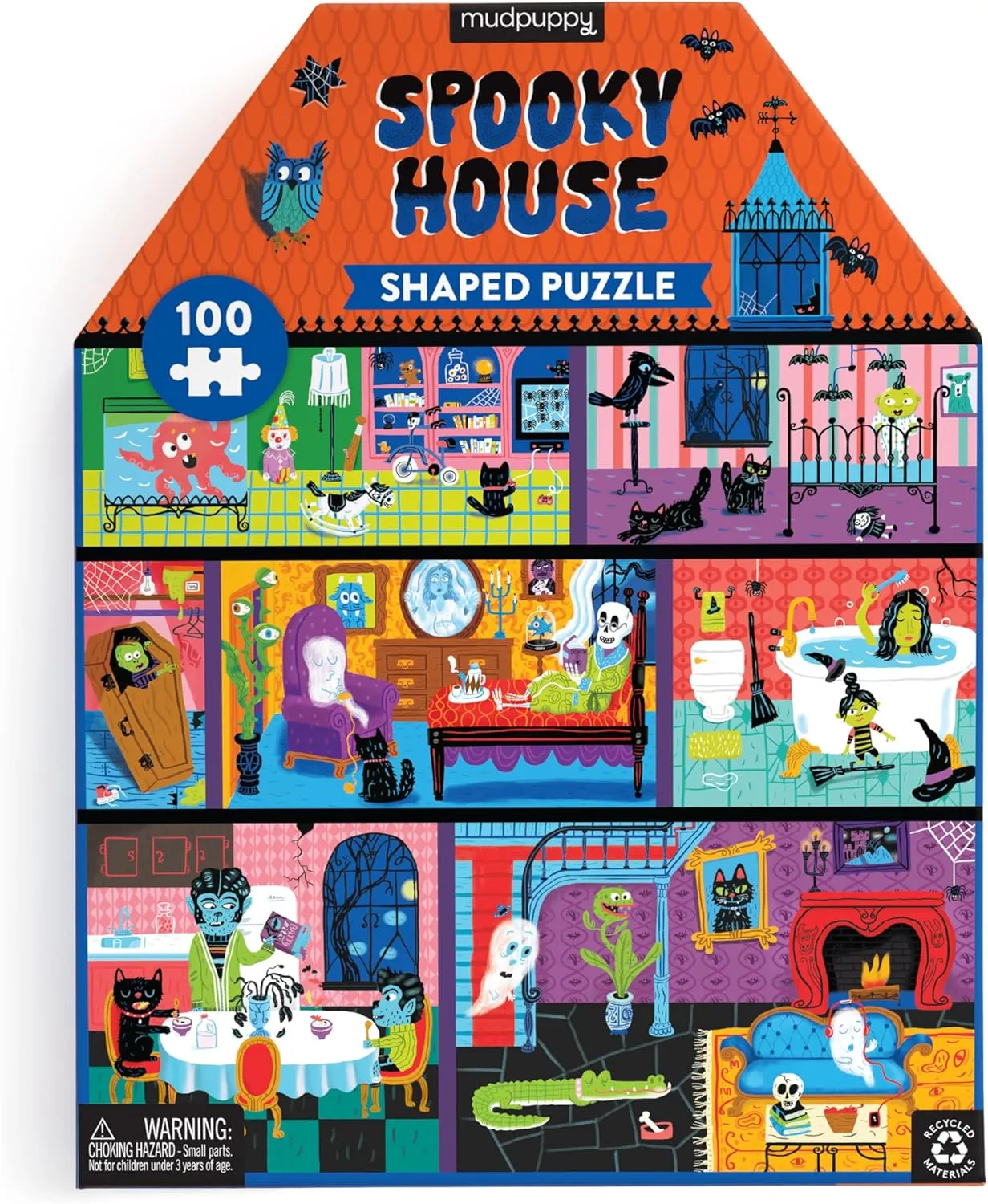Mudpuppy Spooky House – 100 Piece Unique House Shaped Scene Puzzle with Colorful and Fun Illustrations of A Haunted House for Children Ages 5-8