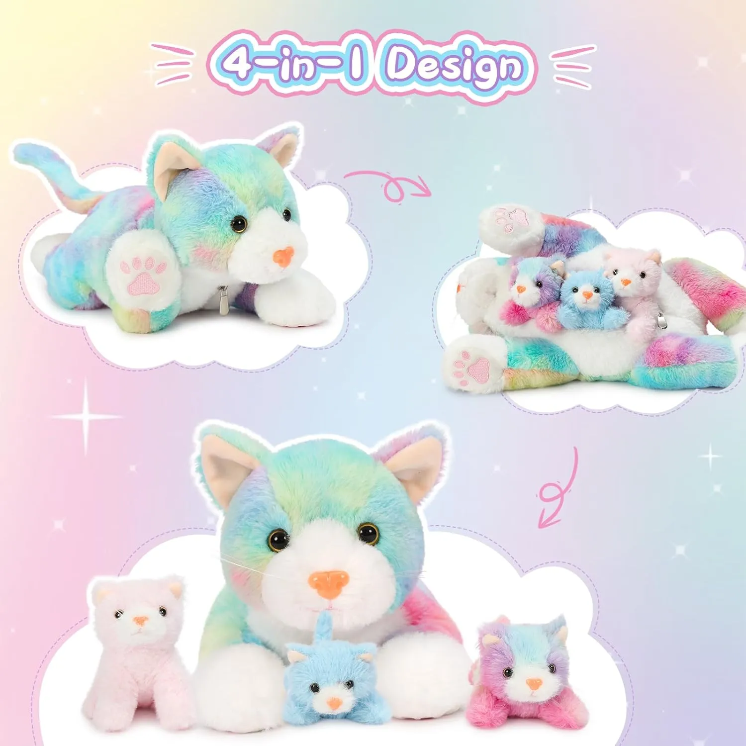 Muiteiur 4 Piece Cats Stuffed Animals, 15.7 inch Mom Plush Cat with 3 Kittens Stuffed in Zipper Pouch, Cute Rainbow Mom and Baby Stuffed Kitten for Kids Girls Boys Gift for Birthday